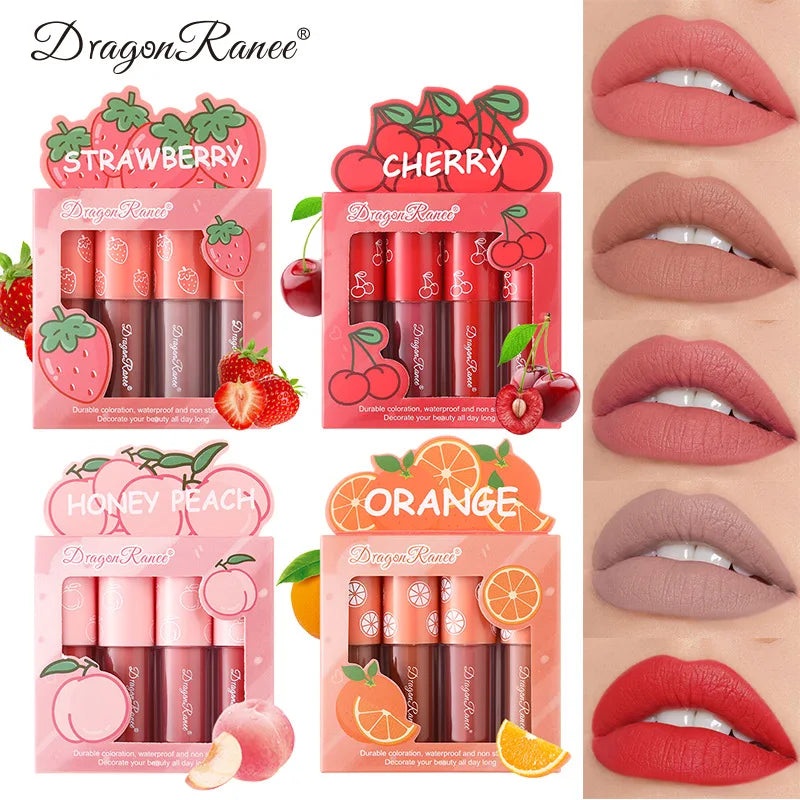 Kit Mini Gloss Labial Matte Velvet, 4 Peças, Não Desbota, Não Gruda no Copo, Tintura Labial de Longa Duração com Aroma de Frutas, Suave e Leve