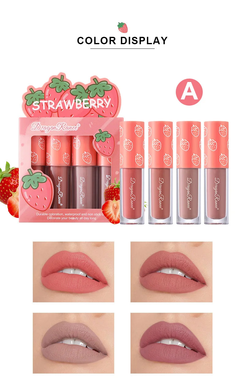 Kit Mini Gloss Labial Matte Velvet, 4 Peças, Não Desbota, Não Gruda no Copo, Tintura Labial de Longa Duração com Aroma de Frutas, Suave e Leve