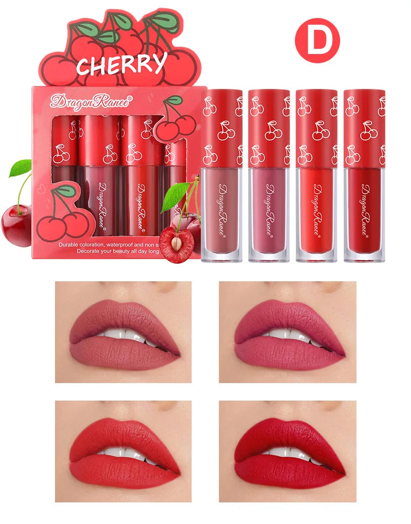 Kit Mini Gloss Labial Matte Velvet, 4 Peças, Não Desbota, Não Gruda no Copo, Tintura Labial de Longa Duração com Aroma de Frutas, Suave e Leve