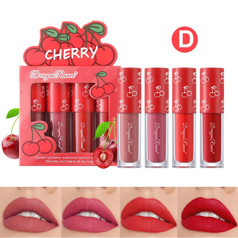 Kit Mini Gloss Labial Matte Velvet, 4 Peças, Não Desbota, Não Gruda no Copo, Tintura Labial de Longa Duração com Aroma de Frutas, Suave e Leve