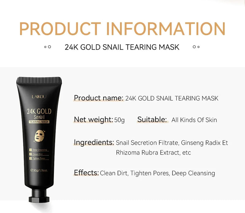 LAIKOU Máscara de Caracol 24K Ouro SNAIL TEARING, Limpeza Profunda, Remove Cravos, Cuidados com o Rosto 50g