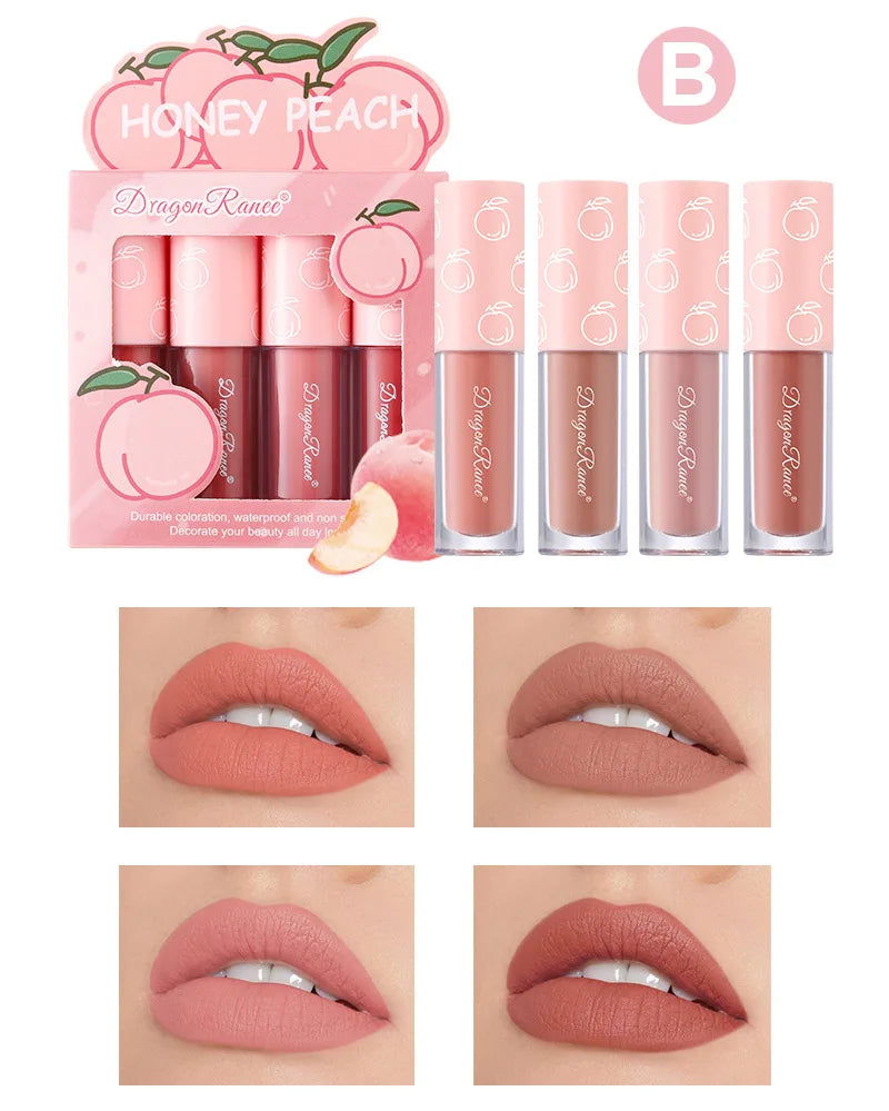 Kit Mini Gloss Labial Matte Velvet, 4 Peças, Não Desbota, Não Gruda no Copo, Tintura Labial de Longa Duração com Aroma de Frutas, Suave e Leve