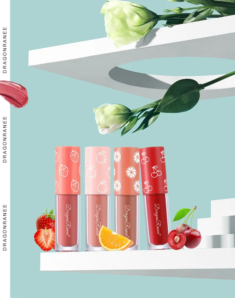 Kit Mini Gloss Labial Matte Velvet, 4 Peças, Não Desbota, Não Gruda no Copo, Tintura Labial de Longa Duração com Aroma de Frutas, Suave e Leve