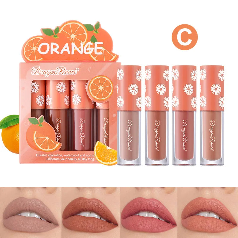 Kit Mini Gloss Labial Matte Velvet, 4 Peças, Não Desbota, Não Gruda no Copo, Tintura Labial de Longa Duração com Aroma de Frutas, Suave e Leve