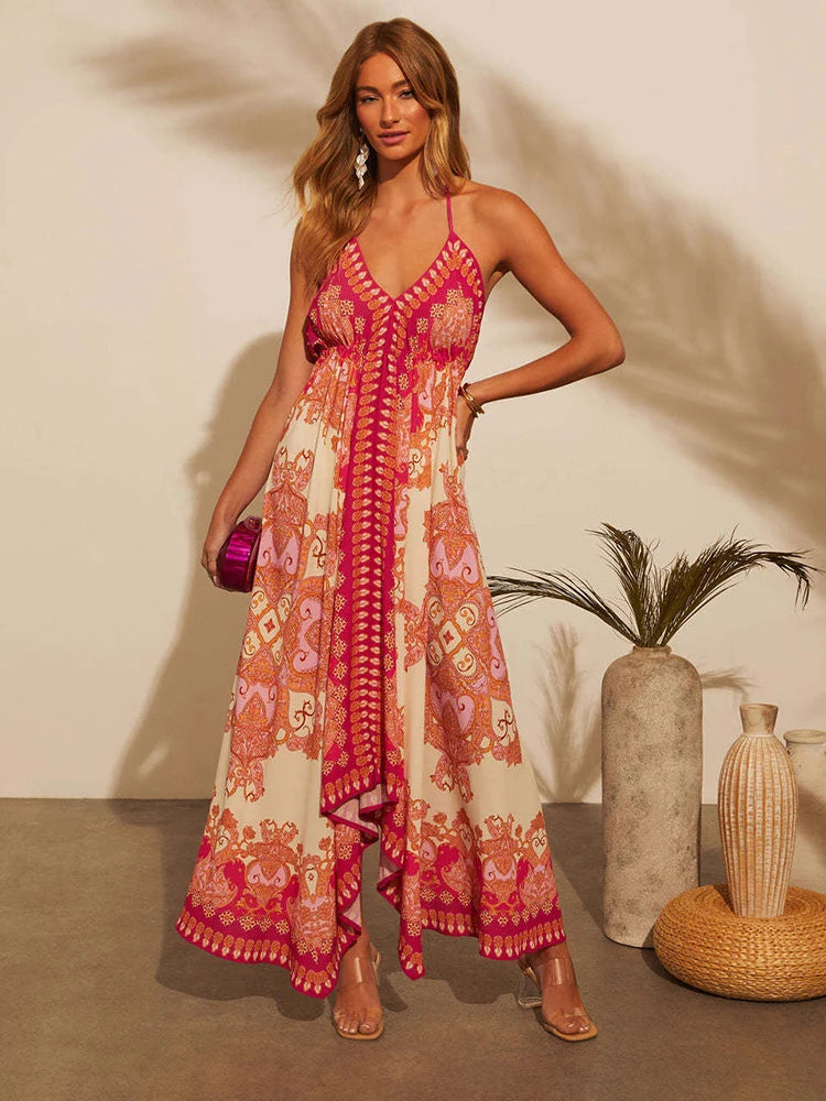 Vestido longo feminino de verão com decote em V e estilo halter, boêmio floral.