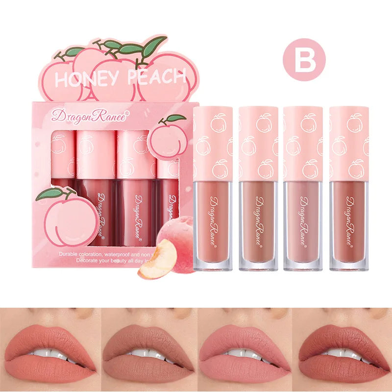 Kit Mini Gloss Labial Matte Velvet, 4 Peças, Não Desbota, Não Gruda no Copo, Tintura Labial de Longa Duração com Aroma de Frutas, Suave e Leve