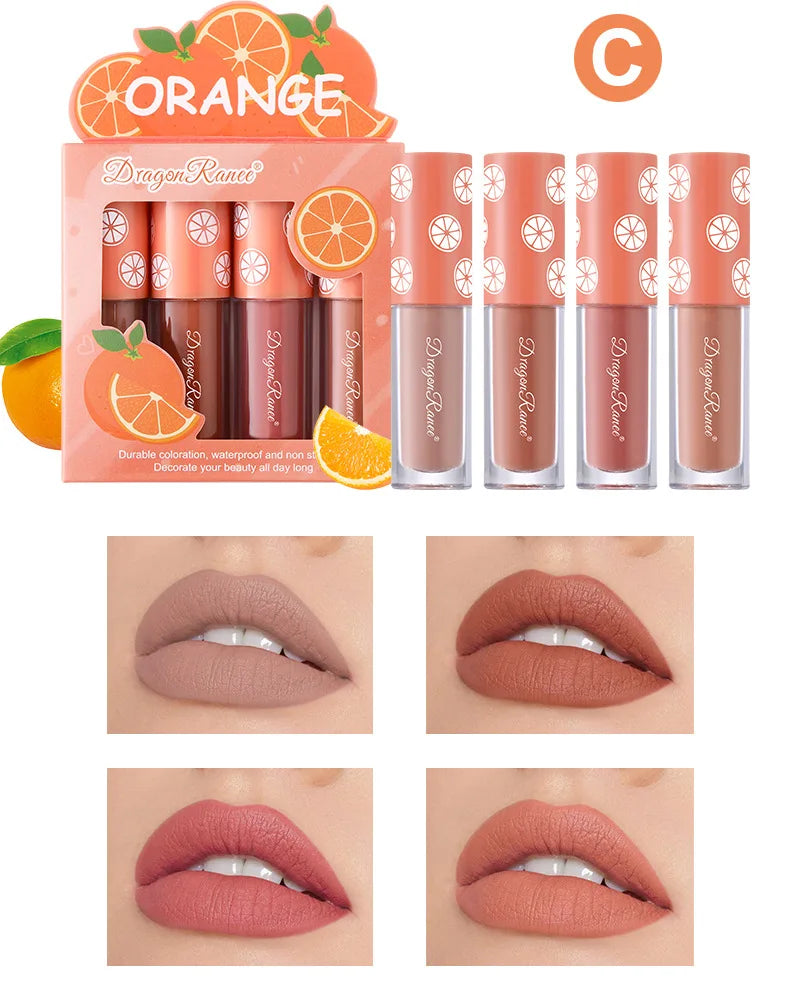 Kit Mini Gloss Labial Matte Velvet, 4 Peças, Não Desbota, Não Gruda no Copo, Tintura Labial de Longa Duração com Aroma de Frutas, Suave e Leve